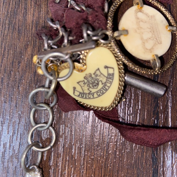 Y2K VINTAGE JUICY COUTURE CHARM BRACELET CUFF BRAIDED RIBBON IVORY HEART CHARMS